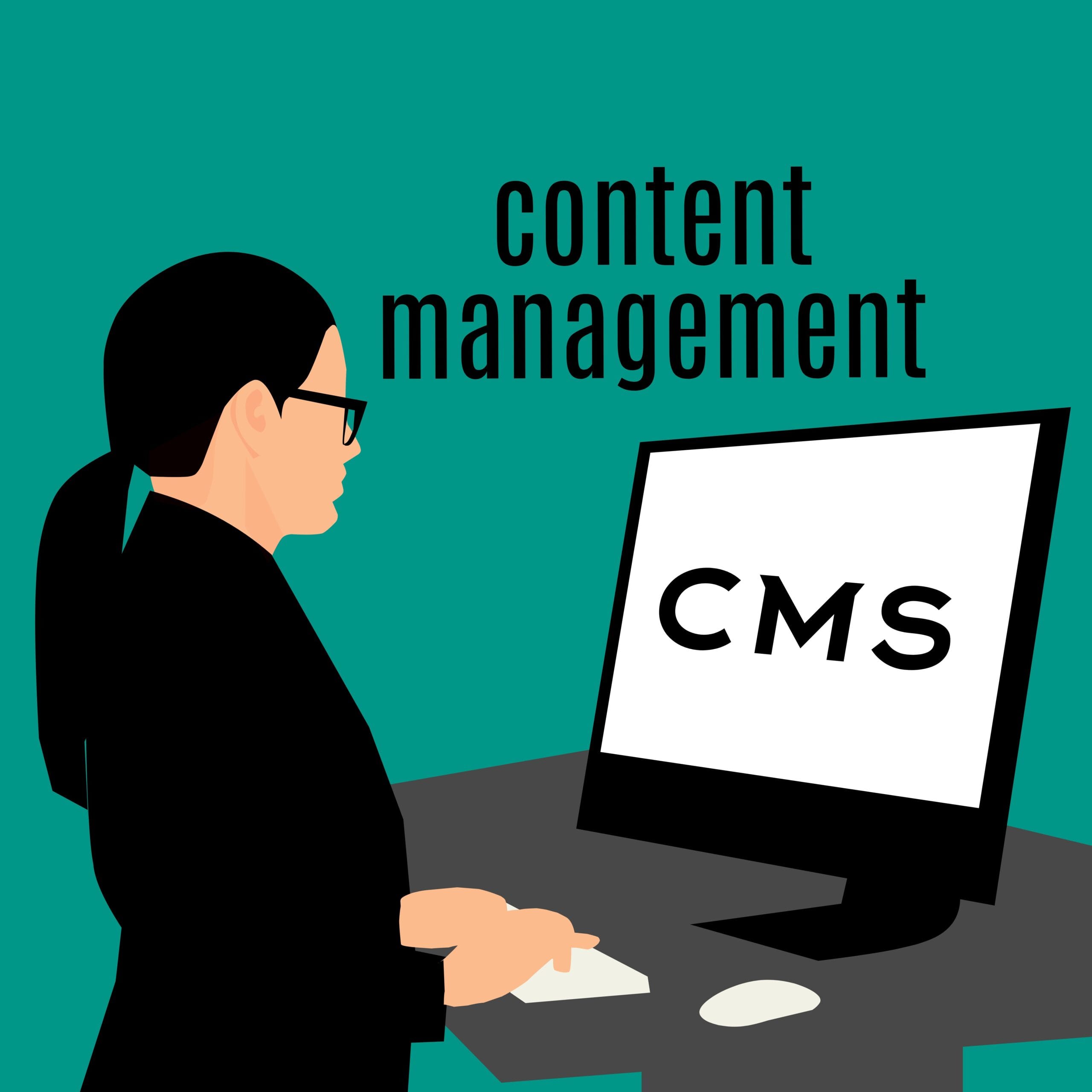 Virtual admin assistance services — A cartoonish representation of a female standing in front of a computer on a desk with the letters CMS written on the screen. CMS stands for content management system, which is use to create, edit and manage digital content with ease.