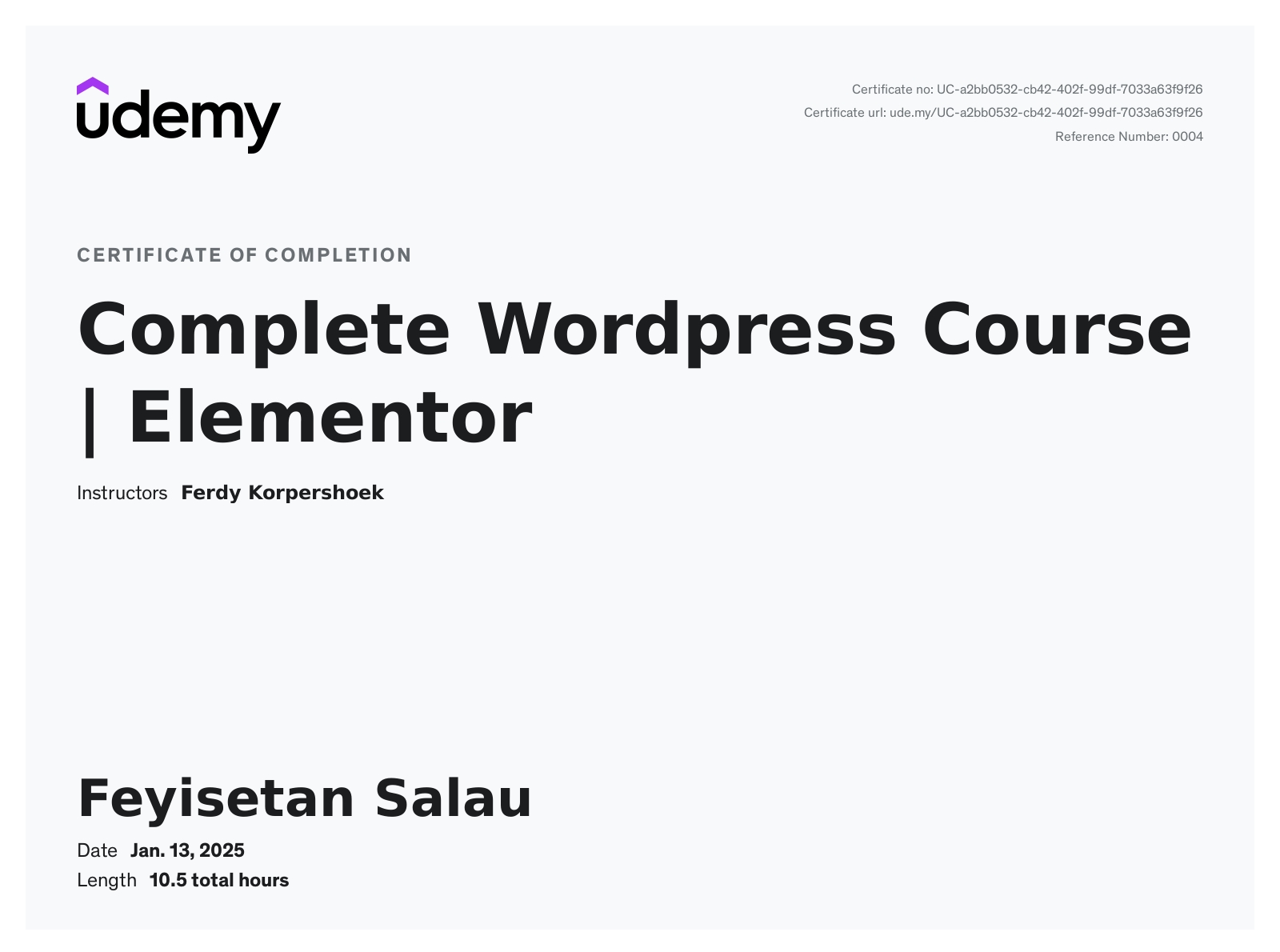 A certificate showcasing the completion of WordPress and Elementor course as a virtual admin assistant.